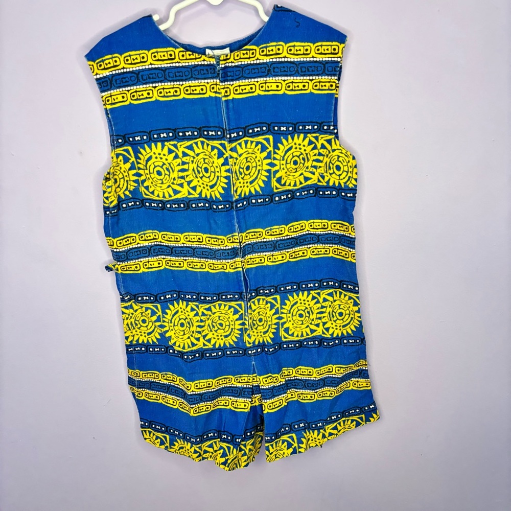 VINTAGE 70s CINDERELLA BLUE YELLOW TRIBAL PRINT ROMPER ONE PIECE SIZE 12 WOMENS